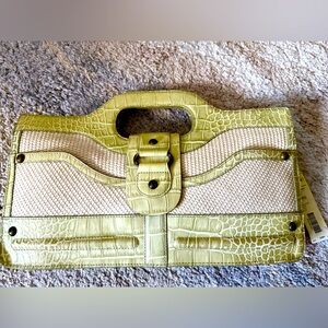 TRE VERO Straw Leather Handbag Croc Embossed Pale Green CROCO STRAW $229 New